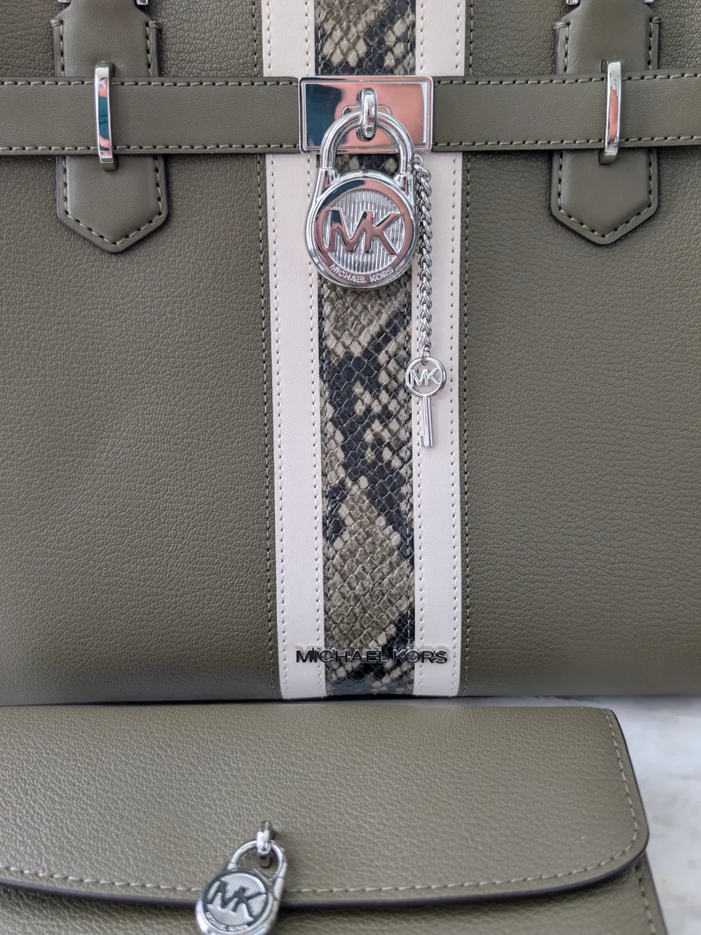 Michael Kors Olive Snake-Trim Hamilton Tote Bag and Wallet